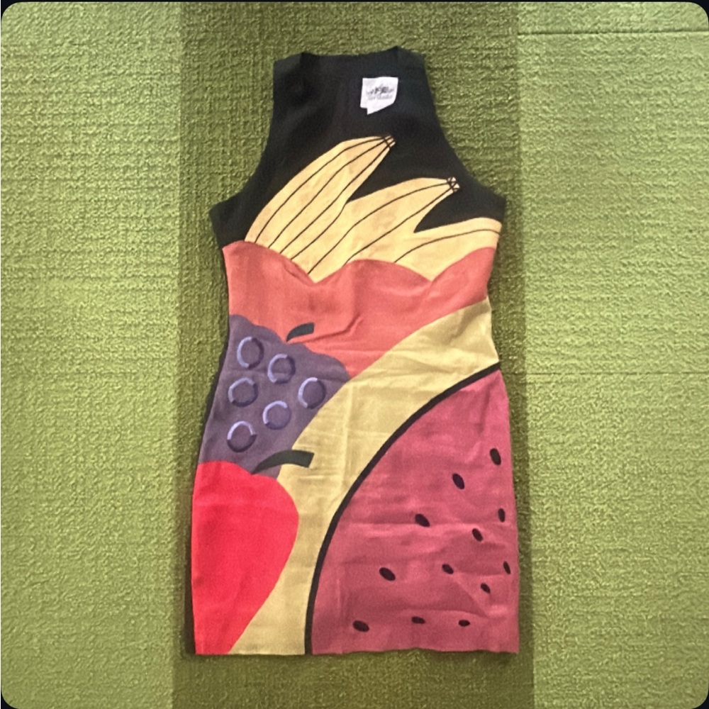 Embroidered Fruit-Themed Linen Dress with Vibrant Colors
